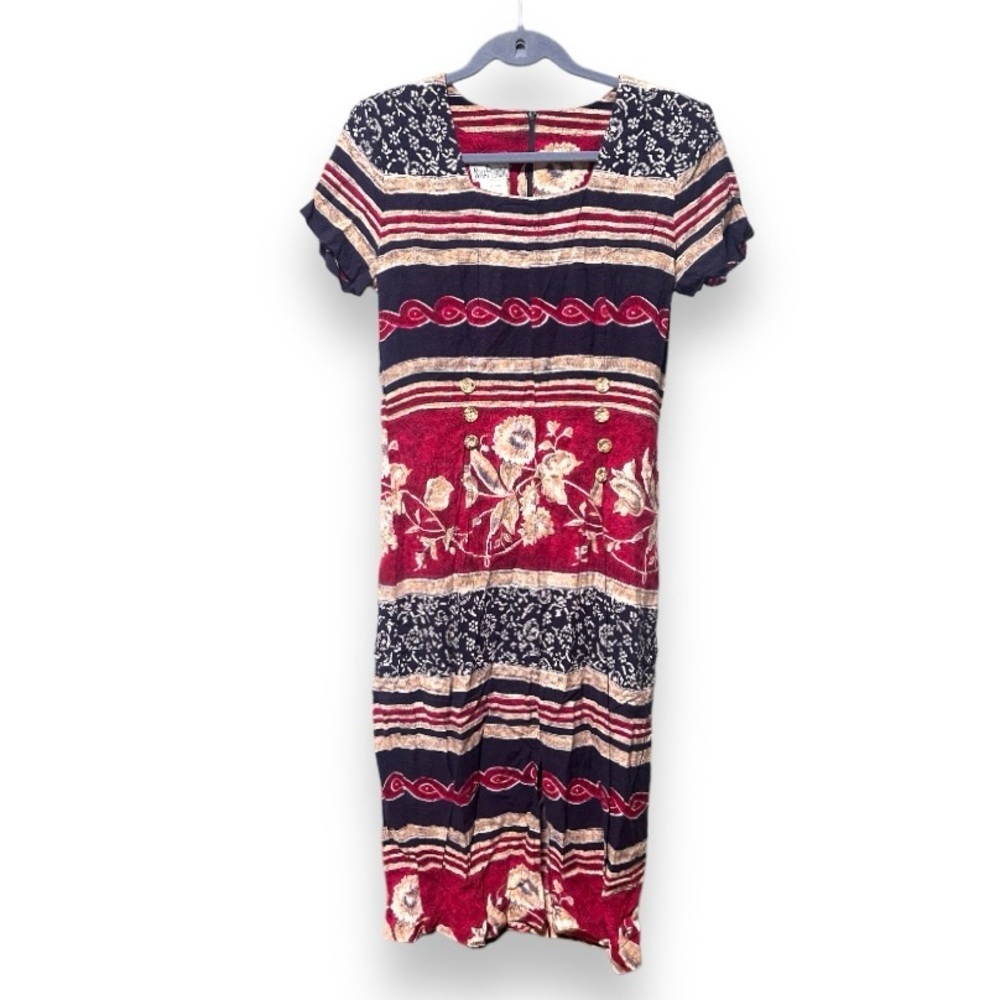 Vintage 80s Nina Piccalino Red Blue Tropical Short Sleeve Maxi Dress Size Small